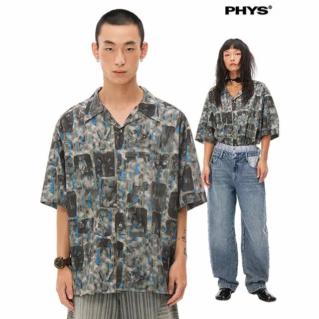 物理少年 随机快门条纹短袖宽松复古衬衫 男女同款 深灰蓝条