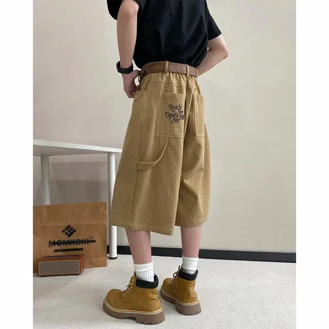 绘承 美式复古水洗潮牌高街宽松阔腿百搭七分牛仔短裤 男女同款 卡其色