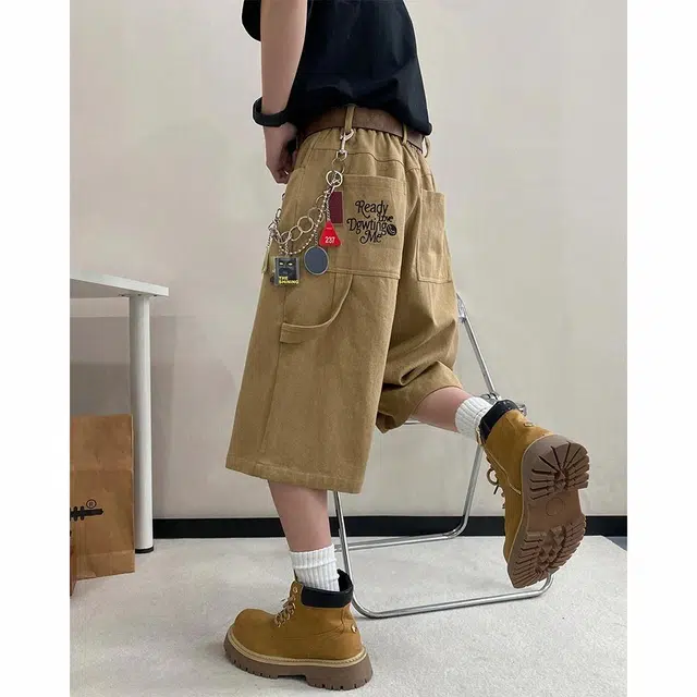 绘承 美式复古水洗潮牌高街宽松阔腿百搭七分牛仔短裤 男女同款 卡其色