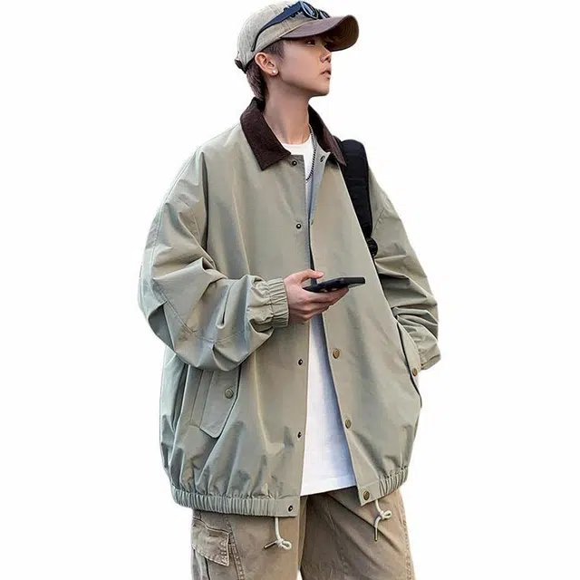袋鼠 美式复古纽扣棒球领宽松长袖夹克 男女同款