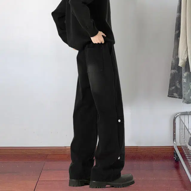 大卫贝肯 学院风美式高街复古水洗做旧中腰长裤抽绳系带宽松休闲舒适拖地裤直筒牛仔裤 男女同款