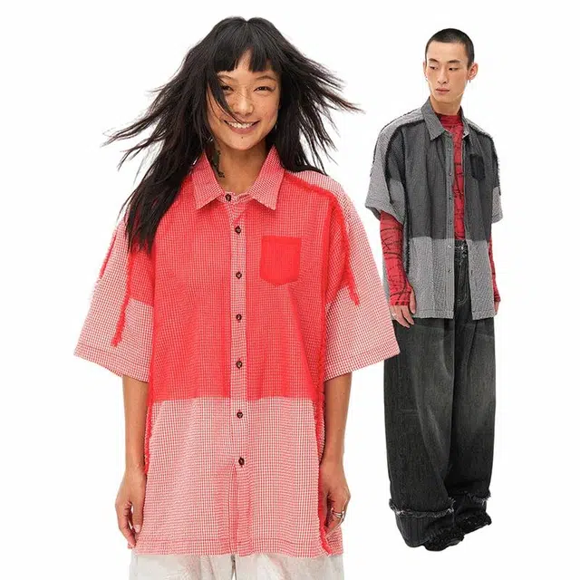 物理少年 休闲百搭时尚潮流格子短袖衬衫 男女同款