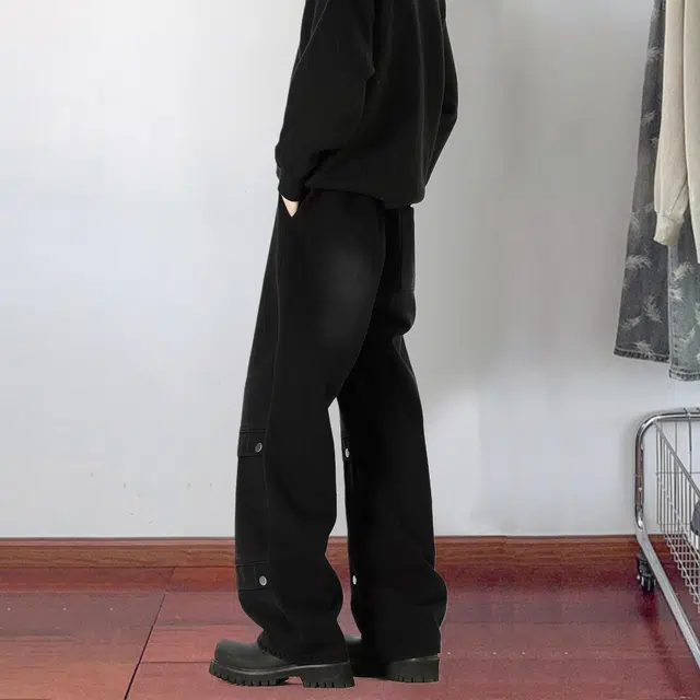 大卫贝肯 学院风美式高街复古水洗做旧中腰长裤抽绳系带宽松休闲舒适拖地裤直筒牛仔裤 男女同款