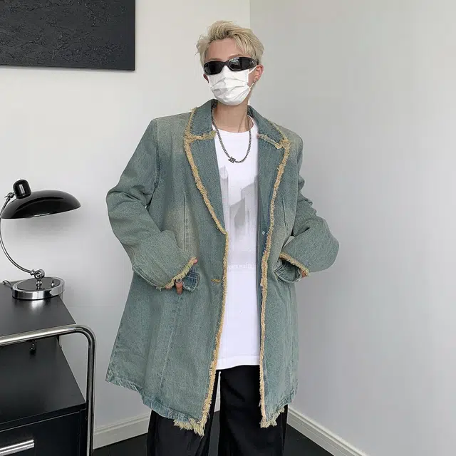 物质公式 美式复古毛边西装领水洗做旧潮牌宽松百搭痞帅舒适休闲长袖牛仔外套 男女同款 蓝色