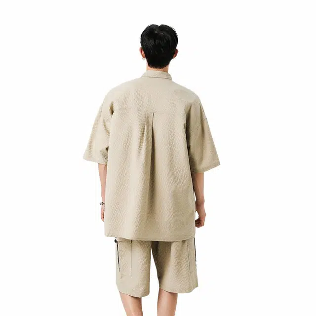 绘承 纯色日系高级感宽松休闲百搭通勤多口袋工装风五分短裤短袖衬衫套装 男女同款