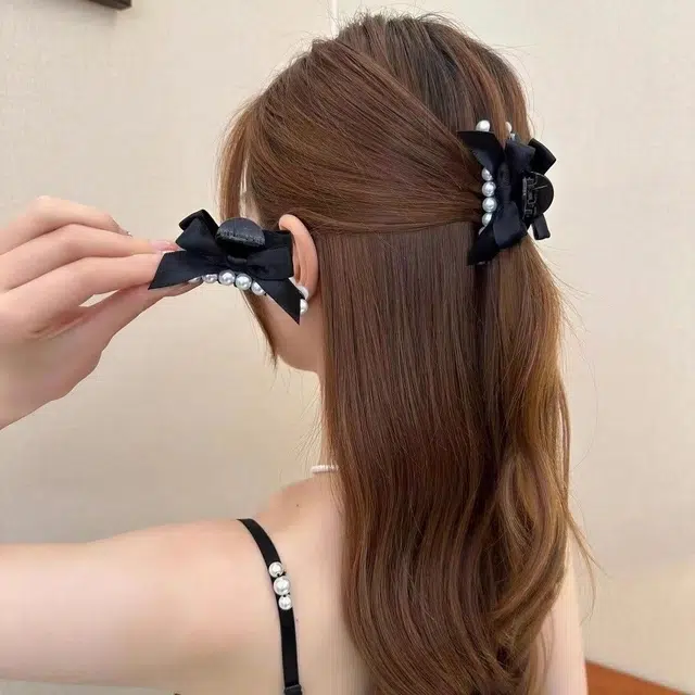 丹琴 甜美珠珠蝴蝶结小抓夹前额碎蓬松刘海边侧边小夹子发饰 发夹 女款