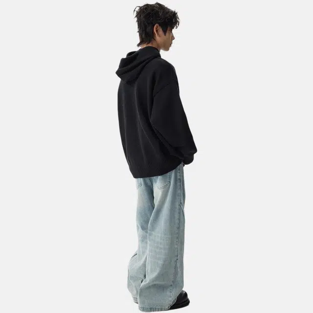 黑衣先生 纯色连帽慵懒风针织衫 男女同款