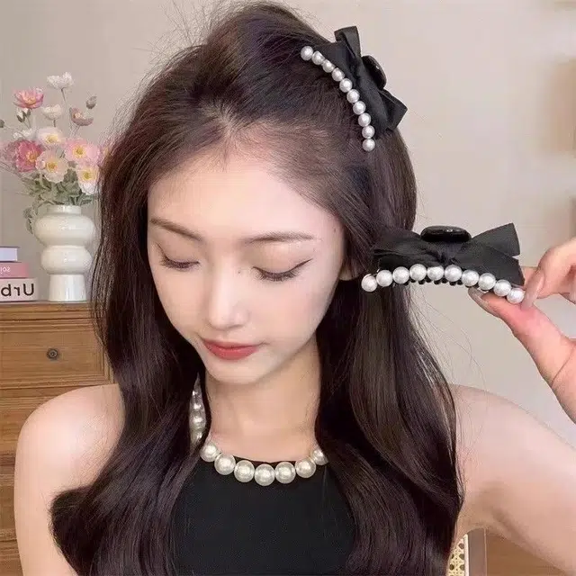 丹琴 甜美珠珠蝴蝶结小抓夹前额碎蓬松刘海边侧边小夹子发饰 发夹 女款