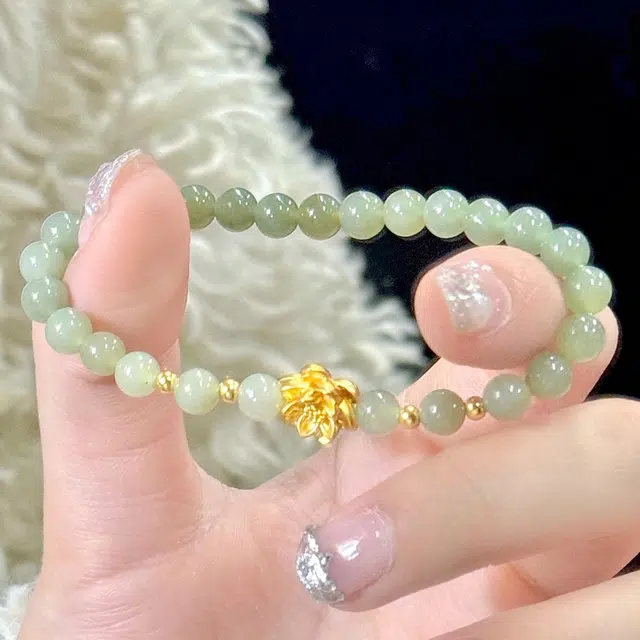 老凤祥 福运莲连 新中式简约百搭高级感莲花 和田玉手串 青白玉 女款