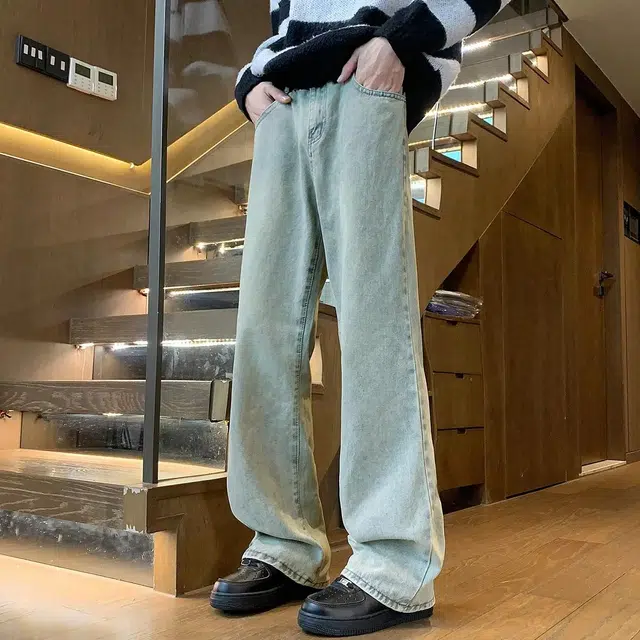 八哥 高街美式纯色复古直筒修身弯刀长裤轻水洗做旧休闲时尚百搭高级感废土风潮流垂感运动弹力高腰牛仔裤 男女同款