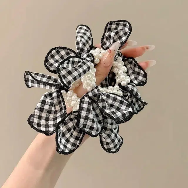 水中玉 黑白格蝴蝶结珍珠发圈气质扎头皮筋发绳发饰 布艺 头绳 女款