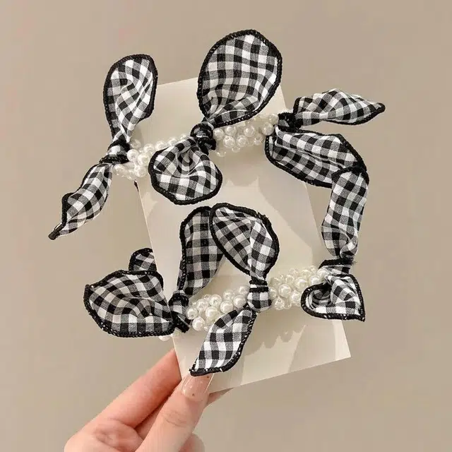水中玉 黑白格蝴蝶结珍珠发圈气质扎头皮筋发绳发饰 布艺 头绳 女款