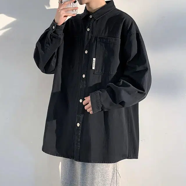 顶峰保罗 美式简约工装宽松休闲基础款翻领百搭日常通勤纯色纽扣落肩长袖衬衫 男女同款