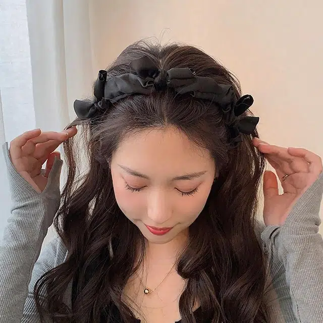 沂茹 文艺小清新甜美优雅黑色蝴蝶扭结细边刘海束发小香风日常通勤百搭简约气质减龄 布艺 发箍 女款