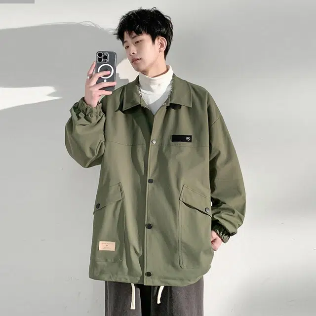 顶峰保罗 美式复古高街纯色单排扣休闲多口袋宽松百搭翻领开衫夹克外套 男女同款