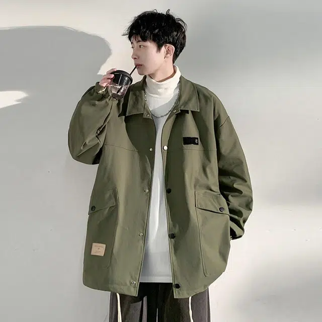 顶峰保罗 美式复古高街纯色单排扣休闲多口袋宽松百搭翻领开衫夹克外套 男女同款