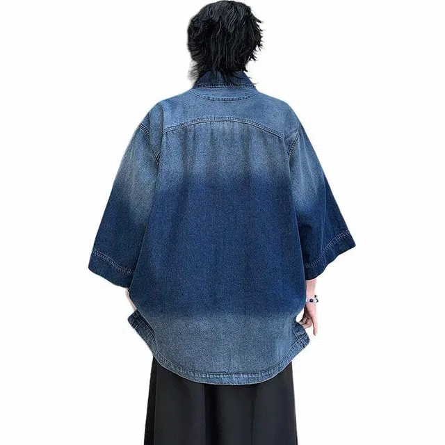 大白鲨 夏新中式国风水洗做旧牛仔外套男女生宽松复古盘扣衬衣潮牌上衣长袖衬衫 男款