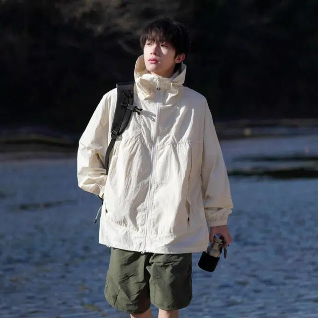 绘承 纯色简约日系轻薄速干宽松休闲拉链百搭防紫外线连帽防晒服 男女同款