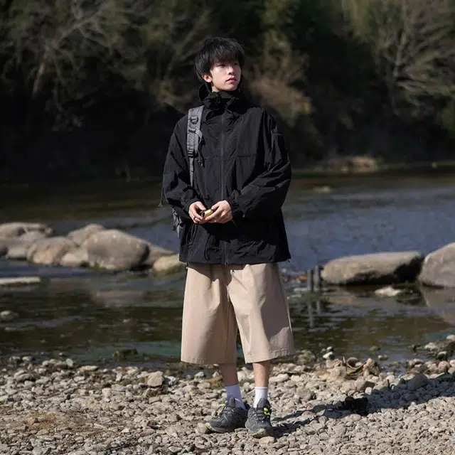 绘承 纯色简约日系轻薄速干宽松休闲拉链百搭防紫外线连帽防晒服 男女同款