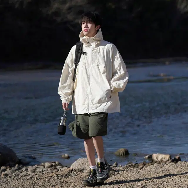 绘承 纯色简约日系轻薄速干宽松休闲拉链百搭防紫外线连帽防晒服 男女同款