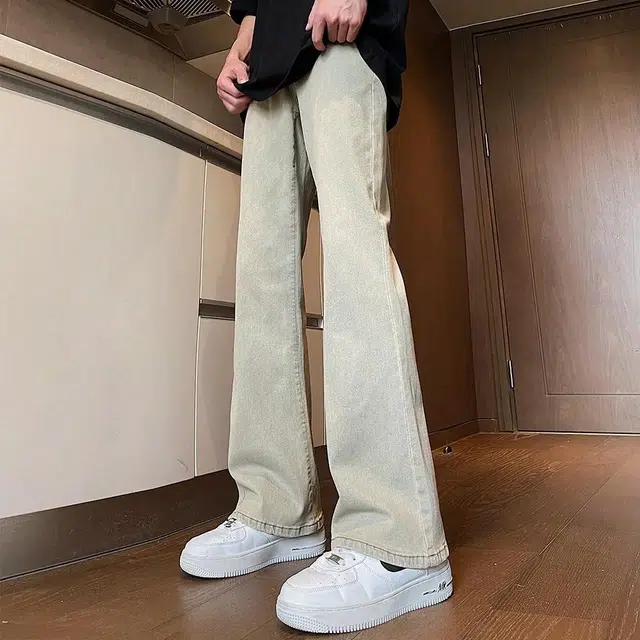 八哥 潮牌复古高街风美式水洗做旧高级感修身中腰直筒百搭垂感休闲牛仔裤 男女同款 黄泥色