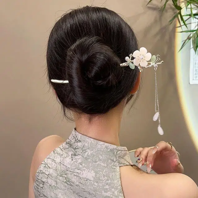 简应舒 玉兰花流苏新中式盘发古风汉服发钗子步摇头饰 合金+仿珍珠+树脂 发簪 女款