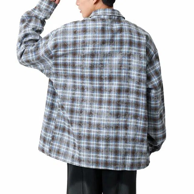 绘承 美式复古嘻哈晕染格纹宽松休闲落肩翻领长袖百搭外套衬衫 男女同款