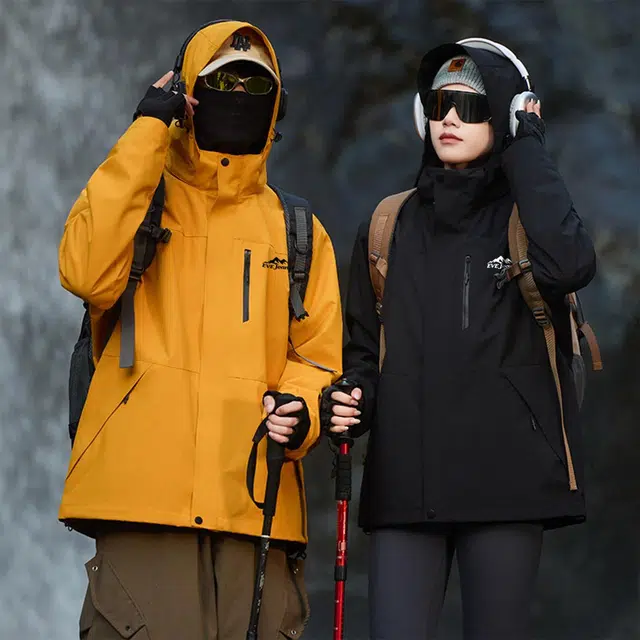 依文  美式复古潮牌山系户外纯色雪山山脉字母印花登山徒步连帽三合一休闲宽松  防水防风透气保暖冲锋衣 男女同款