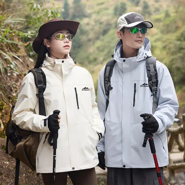 依文  美式复古潮牌山系户外纯色雪山山脉字母印花登山徒步连帽三合一休闲宽松  防水防风透气保暖冲锋衣 男女同款