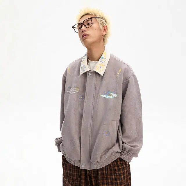 江南先生 美式复古烟花绣花仿麂皮宽松休闲夹克外套 男女同款
