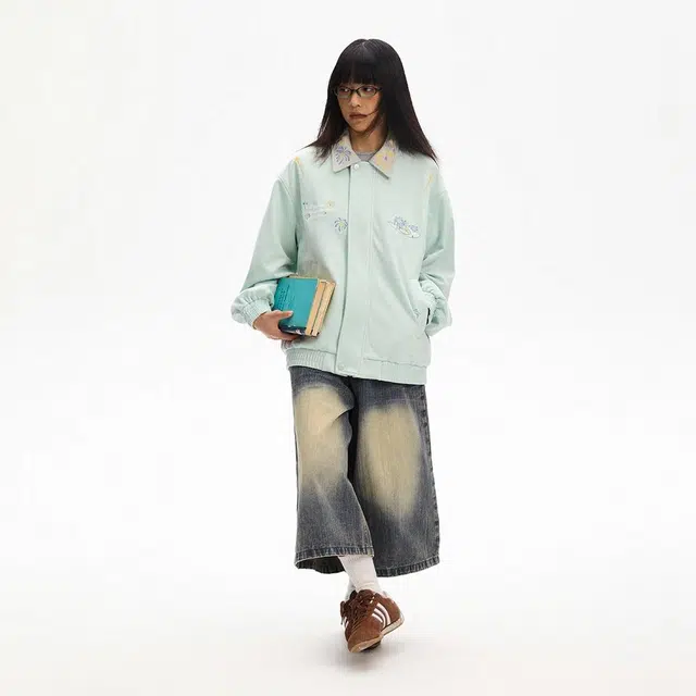 江南先生 美式复古烟花绣花仿麂皮宽松休闲夹克外套 男女同款