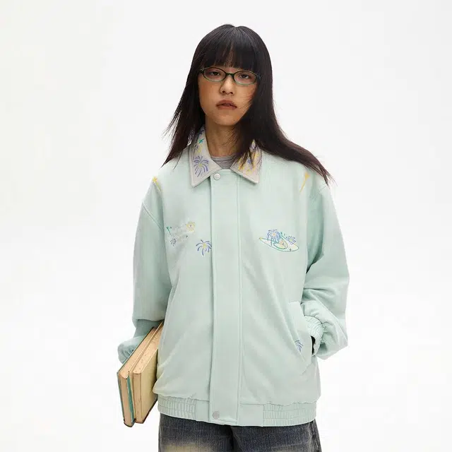 江南先生 美式复古烟花绣花仿麂皮宽松休闲夹克外套 男女同款