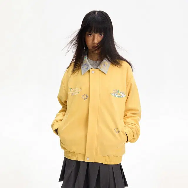 江南先生 美式复古烟花绣花仿麂皮宽松休闲夹克外套 男女同款