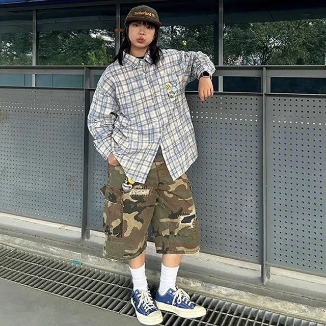 物质公式 美式高街复古重工破洞设计感水洗做旧日常通勤潮牌透气休闲宽松百搭牛仔短裤 男女同款 迷彩