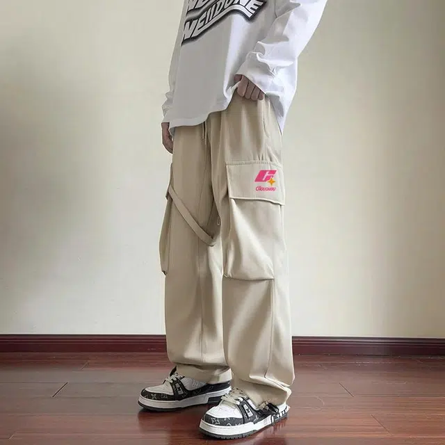 周同学 周同学 美式复古高街机能风侧边大口袋飘带设计潮流嘻哈宽松直筒休闲裤 男女同款