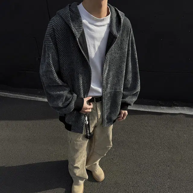 宾力克 美式复古重磅格子条纹肌理连帽拉链设计落肩休闲宽松卫衣 男女同款