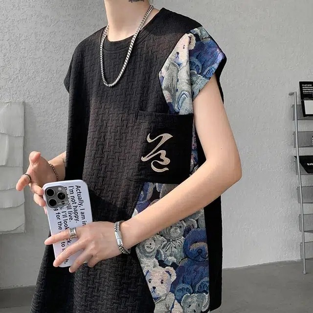 宾力克 新中式高级刺绣国潮国风设计感提花透气美式重磅侧边拼接小熊装饰坎肩背心 男女同款
