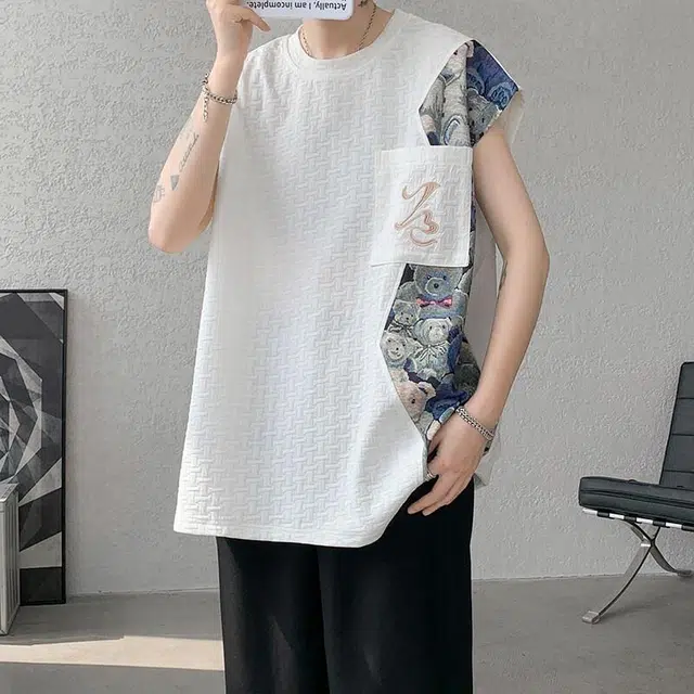 宾力克 新中式高级刺绣国潮国风设计感提花透气美式重磅侧边拼接小熊装饰坎肩背心 男女同款