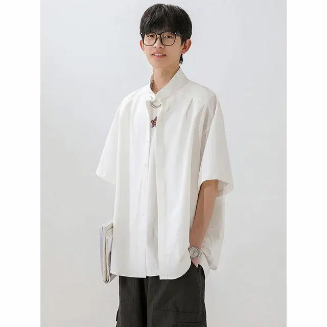 宾力克 美式宽松纯色简约基础款日常舒适随性高级感痞帅短袖衬衫 男女同款