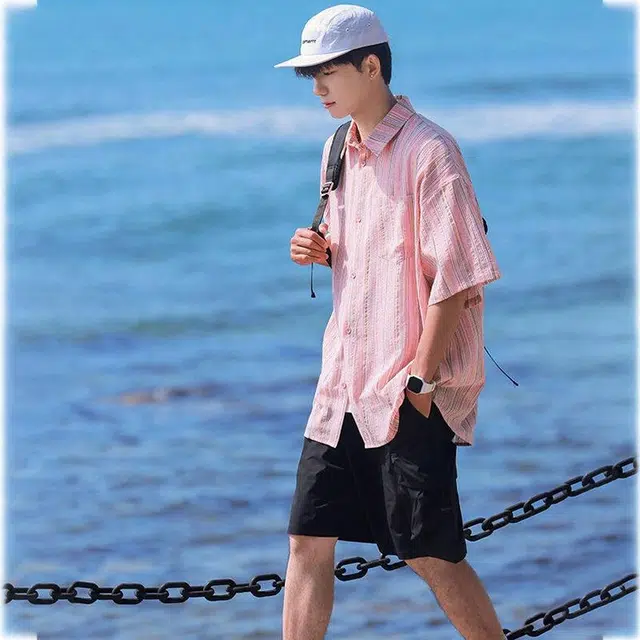 宾力克 美式复古潮流高街百搭条纹海边度假宽松休闲短袖衬衫 男女同款 粉色