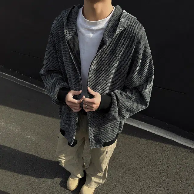 宾力克 美式复古重磅格子条纹肌理连帽拉链设计落肩休闲宽松卫衣 男女同款