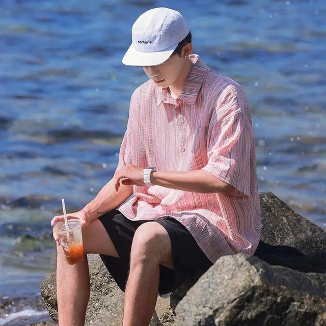 宾力克 美式复古潮流高街百搭条纹海边度假宽松休闲短袖衬衫 男女同款 粉色