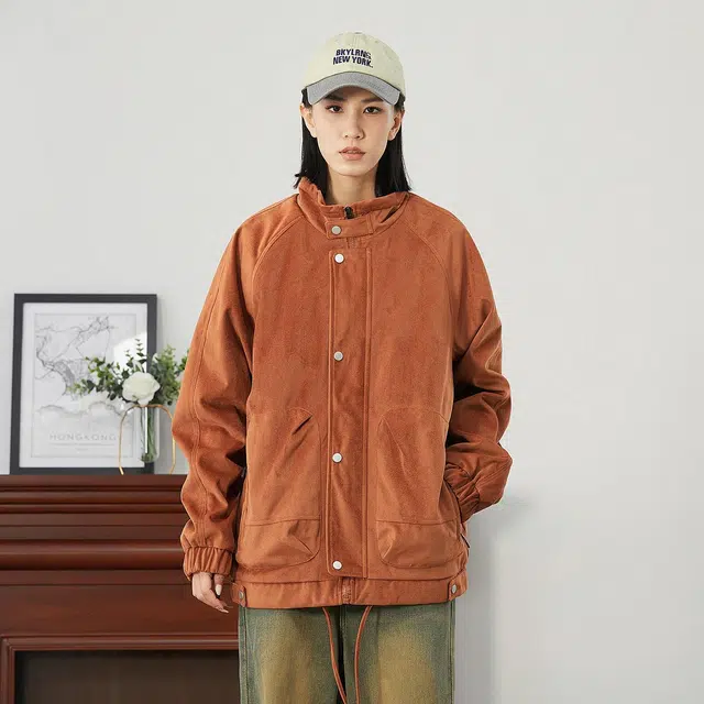 雅鹿 美式复古纯色绒感立领简约宽松休闲夹克外套 男女同款