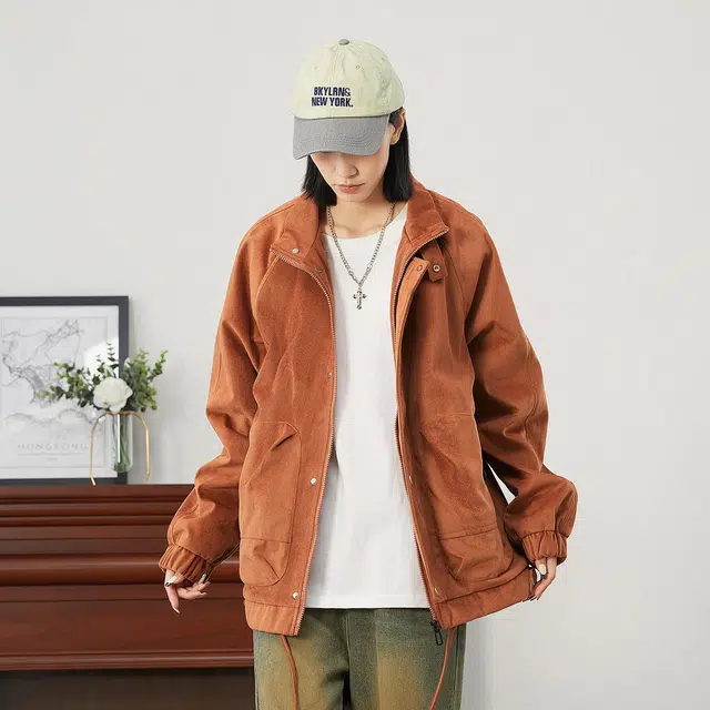 雅鹿 美式复古纯色绒感立领简约宽松休闲夹克外套 男女同款