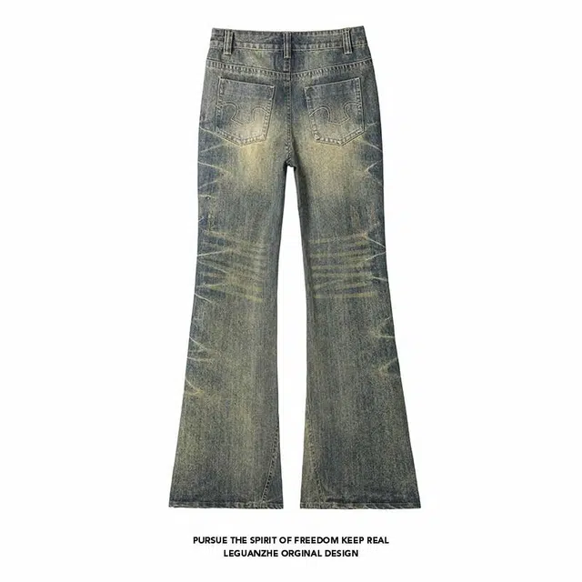 佐菲利 潮牌闪电纹微喇牛仔裤男款美式高街做旧复古蓝色长裤宽松直筒裤子 男女同款