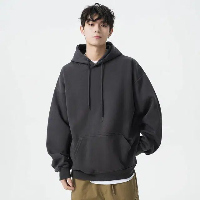 顶峰保罗 基础看纯色宽松休闲高街百搭长袖连帽套头上衣服卫衣 男女同款