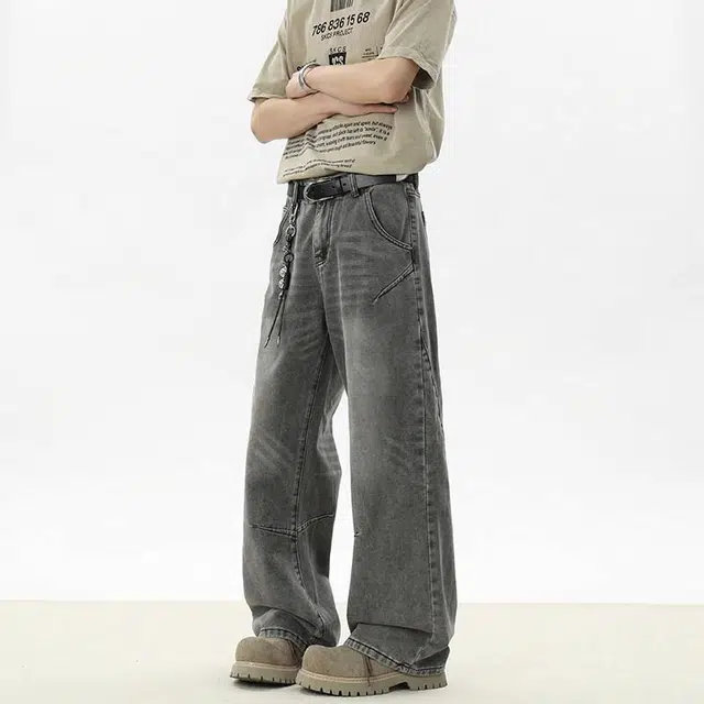 佐菲利 美式复古立体裁切男潮牌水洗做旧直筒裤子宽松百搭灰色牛仔裤 男女同款 水泥灰