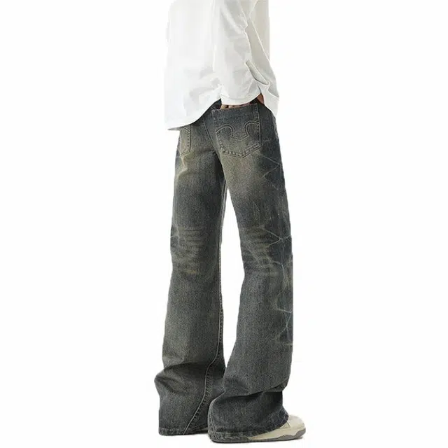 佐菲利 潮牌闪电纹微喇牛仔裤男款美式高街做旧复古蓝色长裤宽松直筒裤子 男女同款