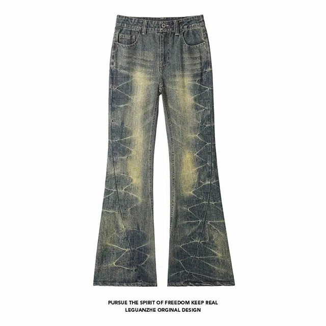 佐菲利 潮牌闪电纹微喇牛仔裤男款美式高街做旧复古蓝色长裤宽松直筒裤子 男女同款