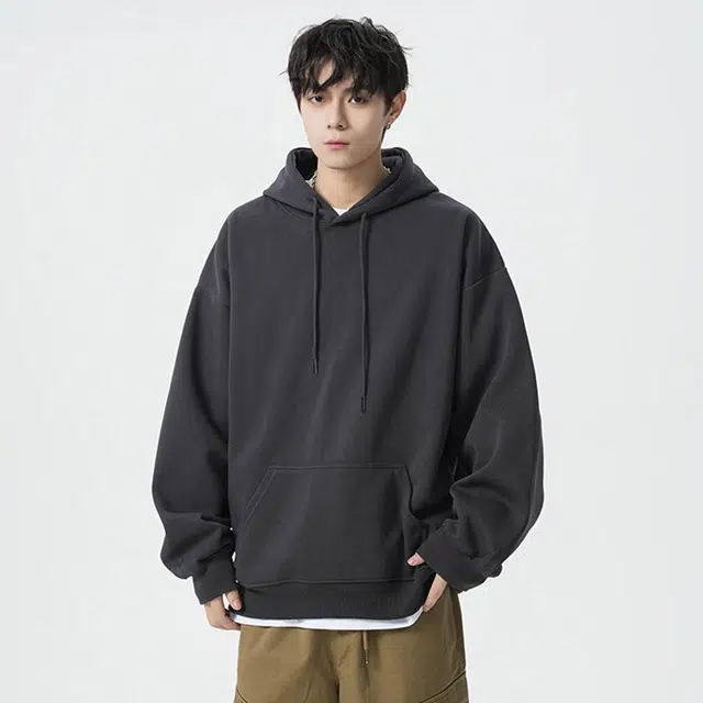 顶峰保罗 基础看纯色宽松休闲高街百搭长袖连帽套头上衣服卫衣 男女同款